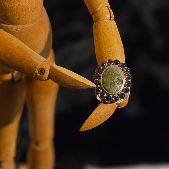 Vintage Sunburst Chrysocolla & Amethyst Ring - Picture 2 of 6